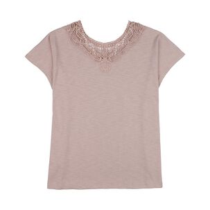 Polera Lisa Manga Corta Cuello Redondo Aplicación Brodery Mujer Sexy Large