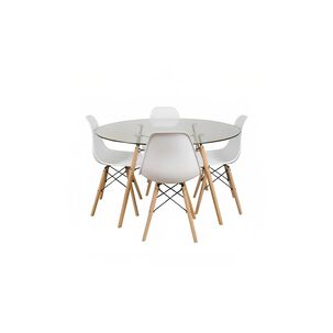 Comedor Mesa Eames Vidrio 100cm + 4 Sillas Eames Blancas