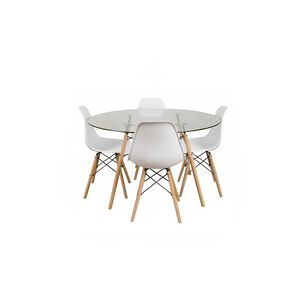 Comedor Mesa Eames Vidrio 100cm + 4 Sillas Eames Blancas