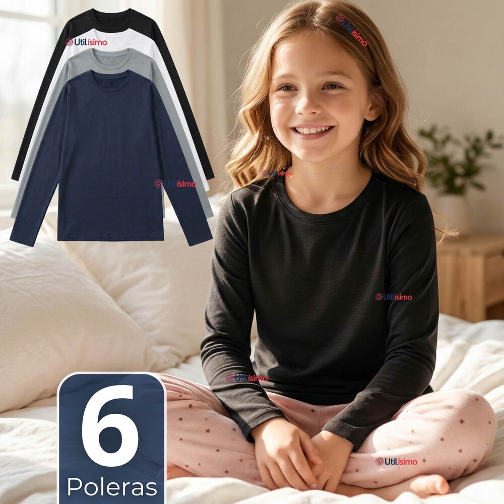 Pack 6 Poleras Camisetas Polar Primera Capa Cuello Redondo Manga Larga Colores Surtido Ni&ntilde;a image number 0.0