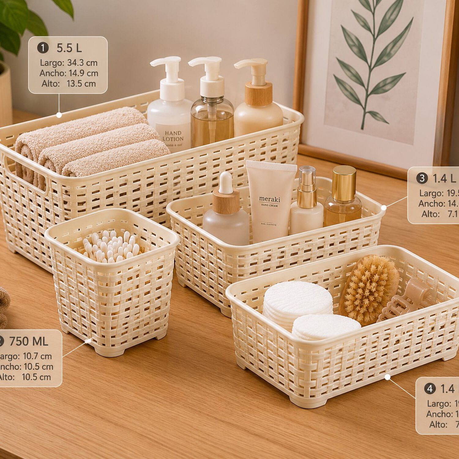 Set De 4 Canastillas Canastas Organizadoras Color Beige image number 4.0