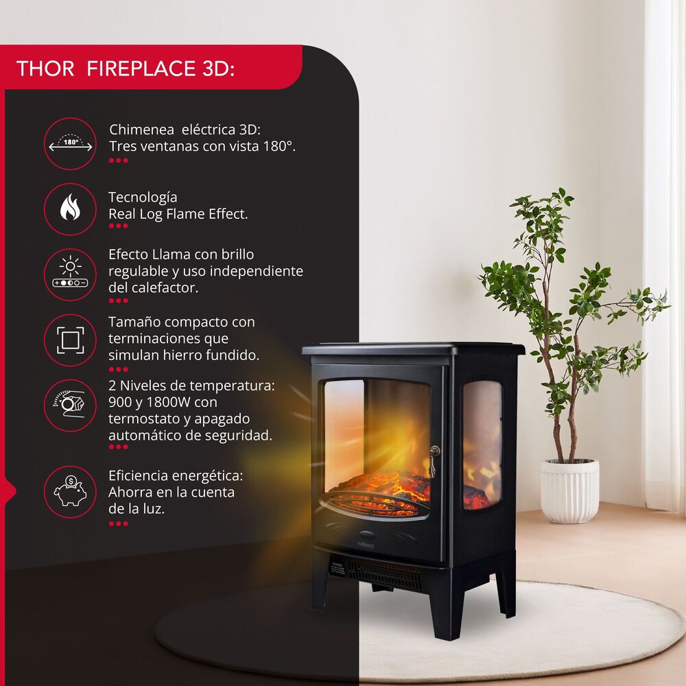 Chimenea Electrica 2 Potencias 1800w Thor Fireplace 3d Negro image number 1.0
