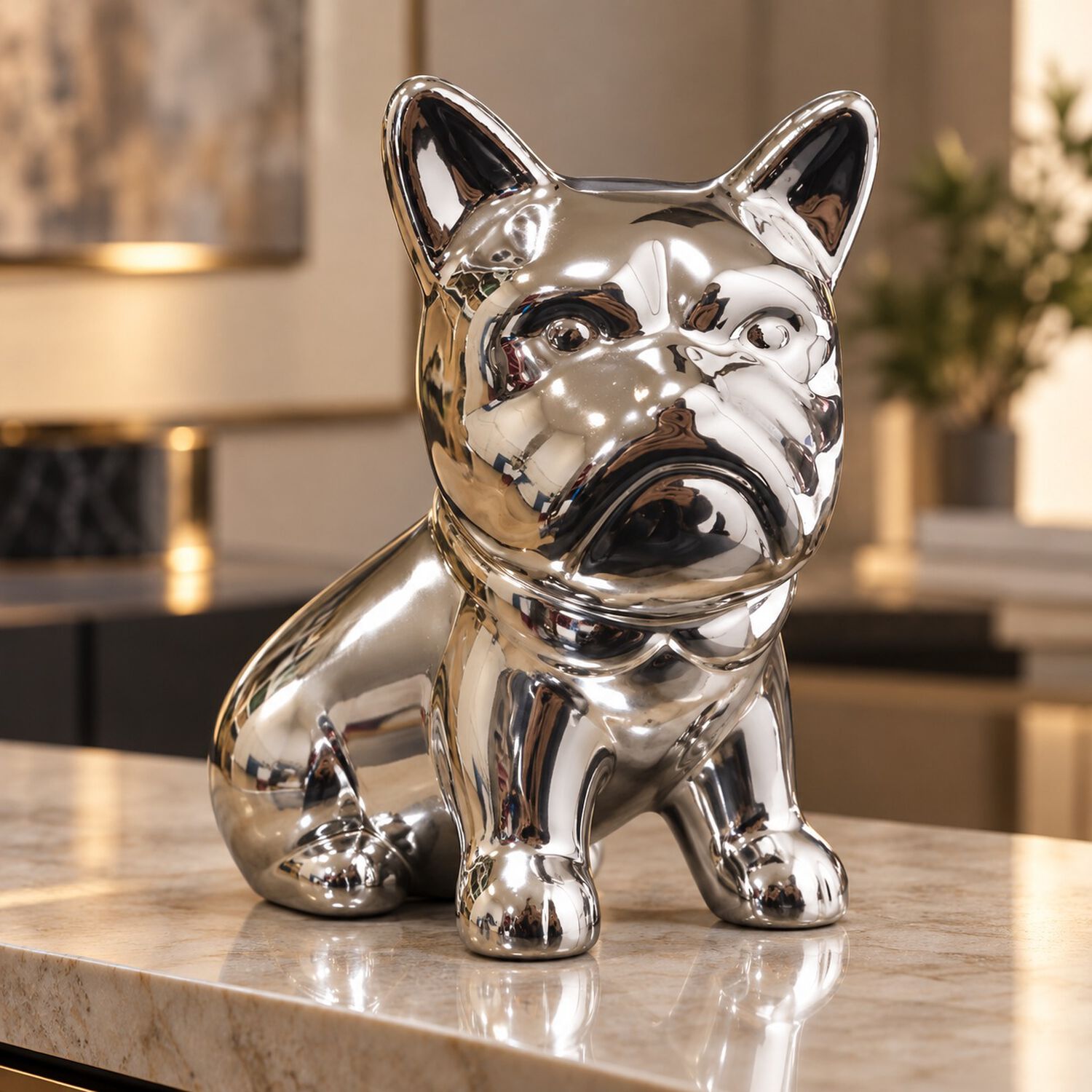 Perrito Decorativo Bulldog Franc&eacute;s Porcelana Figura Adorno De Repisa 12,5 Cm Plateado Brillante image number 0.0
