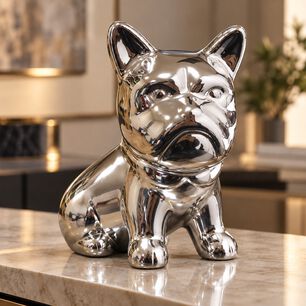 Perrito Decorativo Bulldog Franc&eacute;s Porcelana Figura Adorno De Repisa 12,5 Cm Plateado Brillante