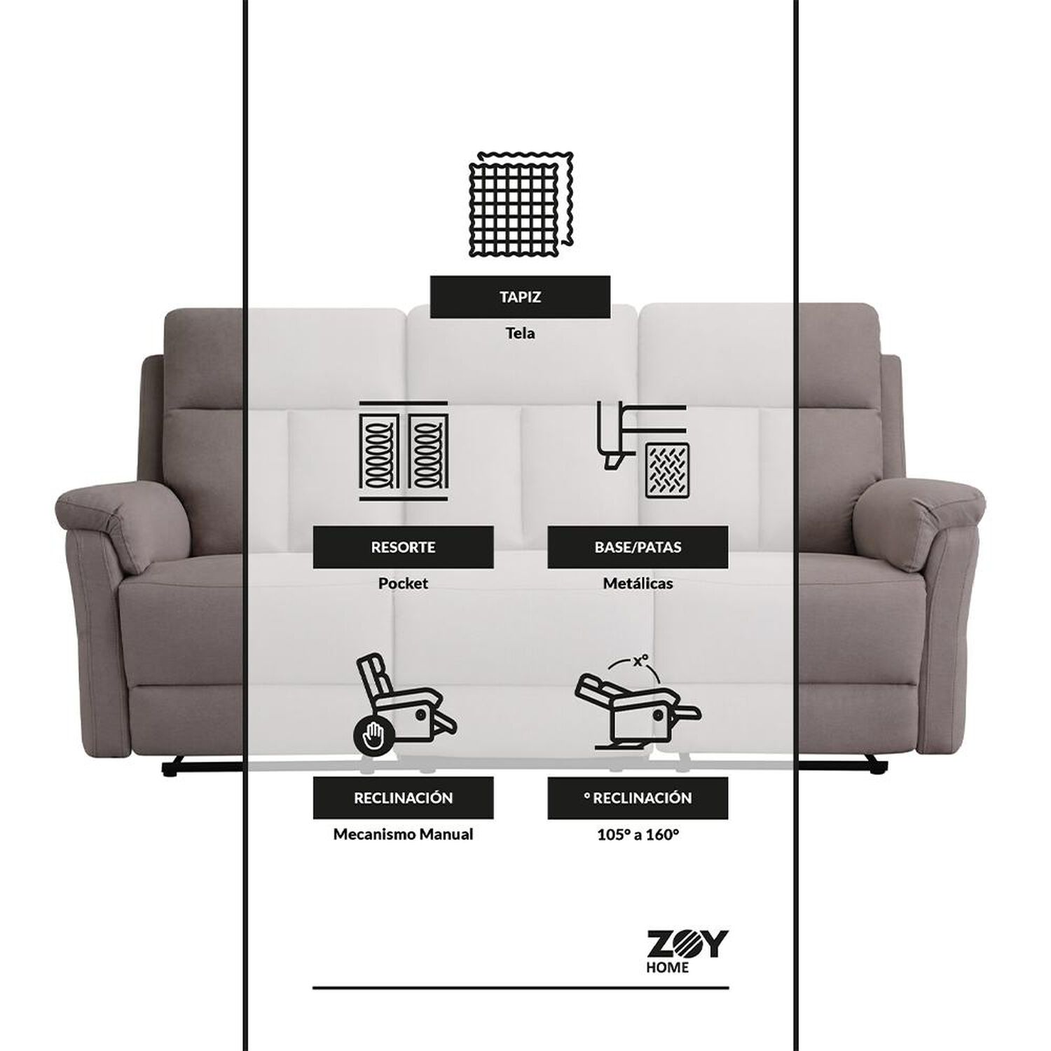 Sof&aacute;&nbsp;reclinable Zoy Home Beijing / 3 Cuerpos image number 6.0