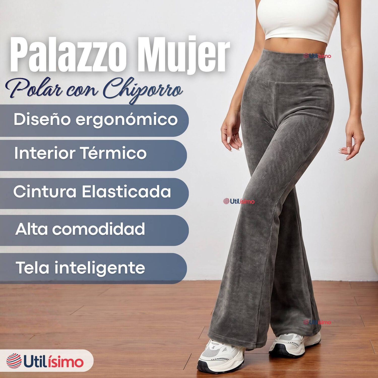 Pantal&oacute;n Cotel&eacute; Palazzo Polar Con Chiporro Elasticado T&eacute;rmico Gris Melange image number 2.0