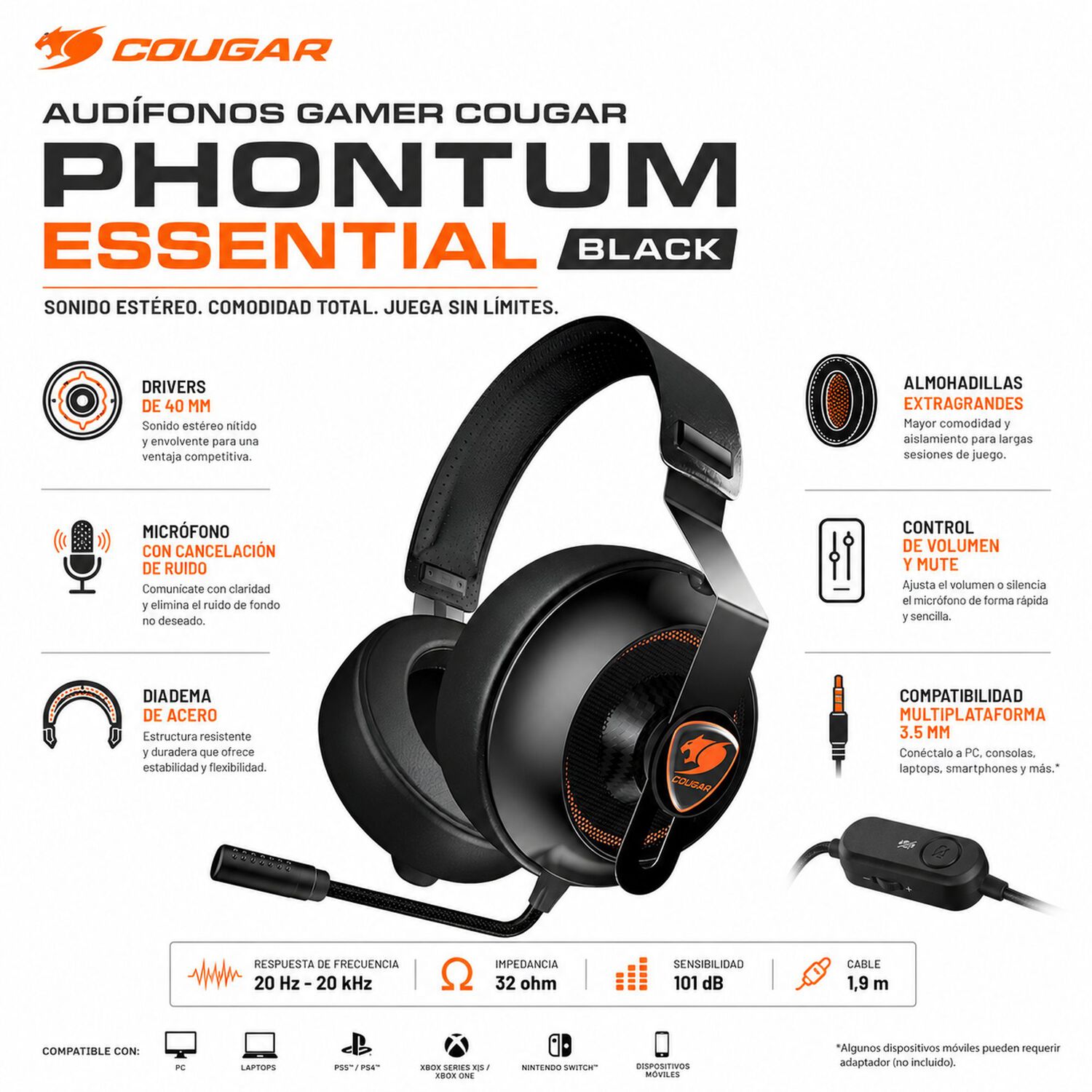 Audifonos Cougar Phontum Essential Black Multiplataformas image number 6.0