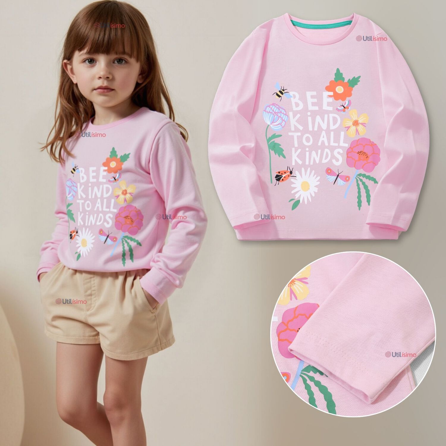 Polera Manga Larga Ni&ntilde;a 100% Algod&oacute;n Flores Rosado Camiseta image number 0.0