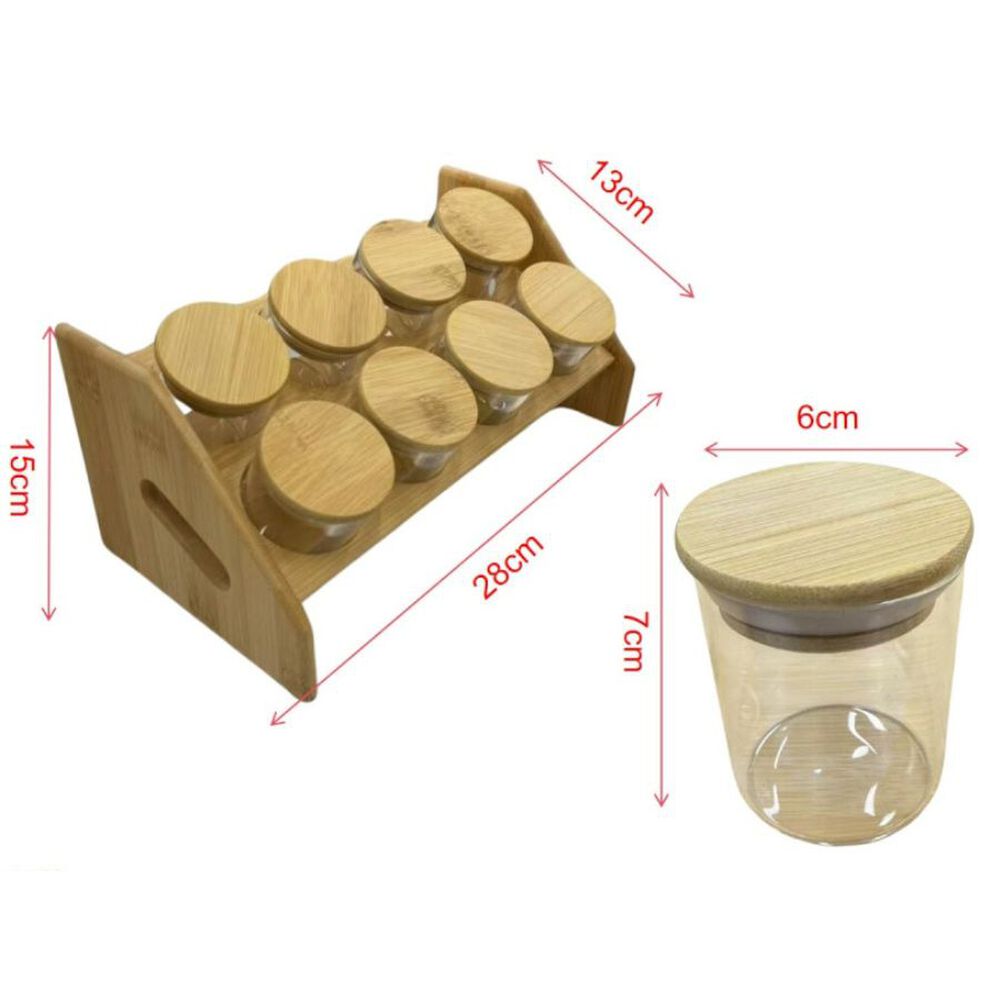 Set 8 Frascos Para Condimentos Vidrio Tapa Bambu Con Soporte image number 3.0