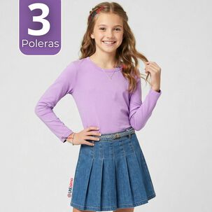 Pack 3 Camisetas Poleras Bamb&uacute; Cuello Redondo Lila Primera Capa Manga Larga Ni&ntilde;a