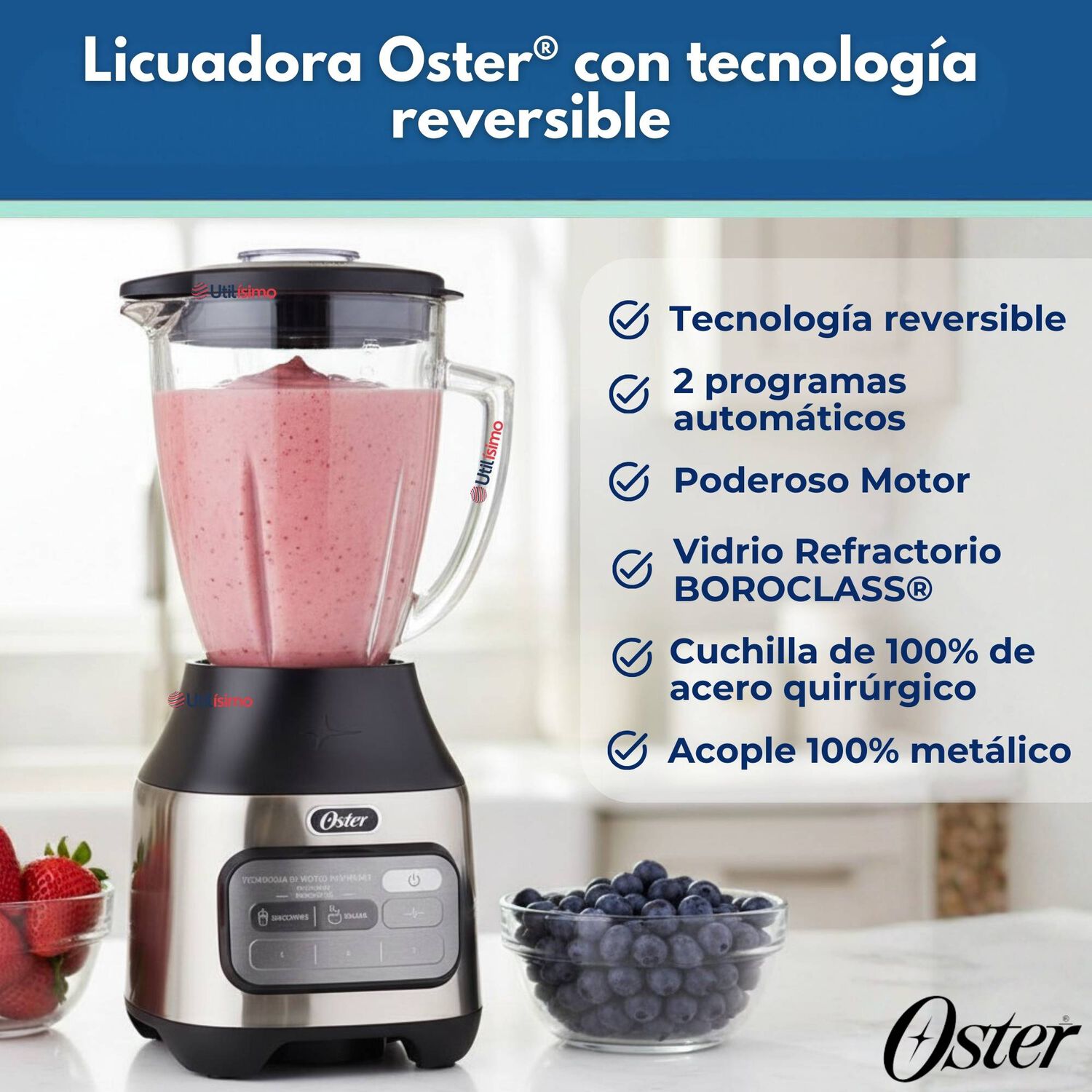 Licuadora Oster Con Tecnolog&iacute;a Reversible, 2 Programas Autom&aacute;ticos Y 3 Velocidades M&aacute;s Pulso image number 1.0