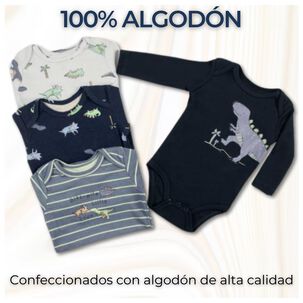 Pack 4 Bodys Ni&ntilde;o Manga Larga Tedmimak 100% Algod&oacute;n Dreamy Dinosaurs