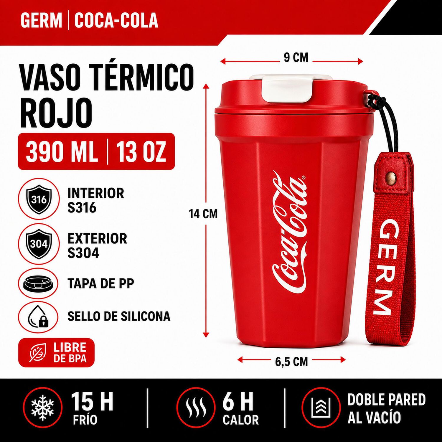 Vaso Termico Mug Germ Coca-cola Acero Inoxidable 390ml Red image number 6.0