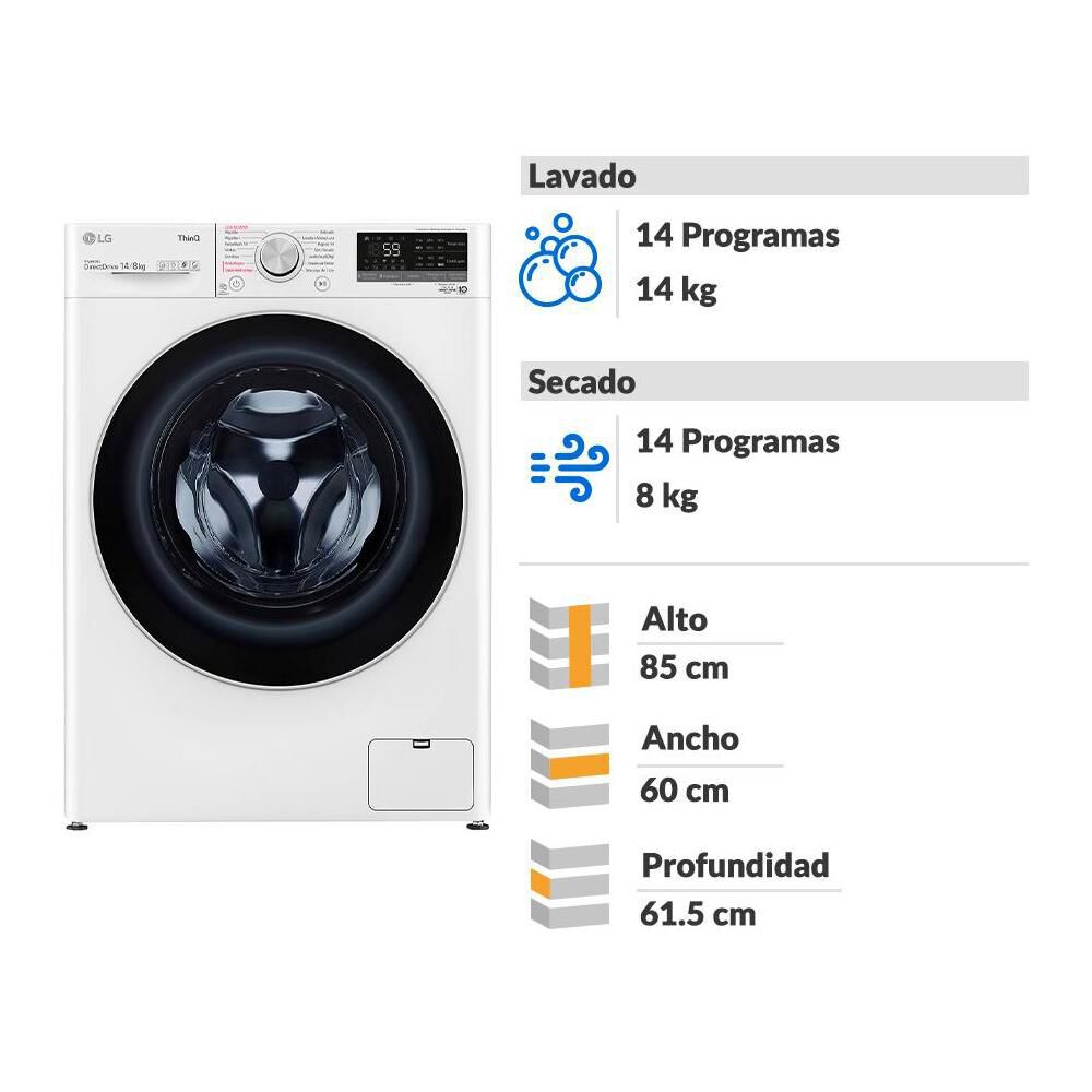 Lavadora Secadora Lg Carga Frontal 14/8kg Wd14wvc4s6 Blanco image number 3.0