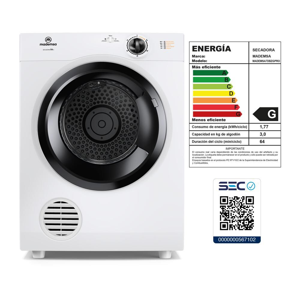 Secadora De Ropa Mademsa 7dbzg Pro / 7 Kilos image number 8.0