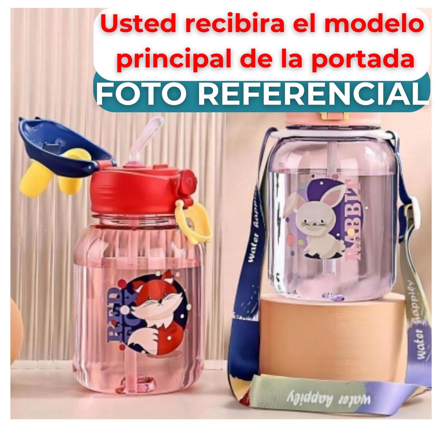 Botella Pl&aacute;stica 600ml Con Bombilla Y Correa Kawai Sin Bpa Ni&ntilde;os Red Fox image number 2.0