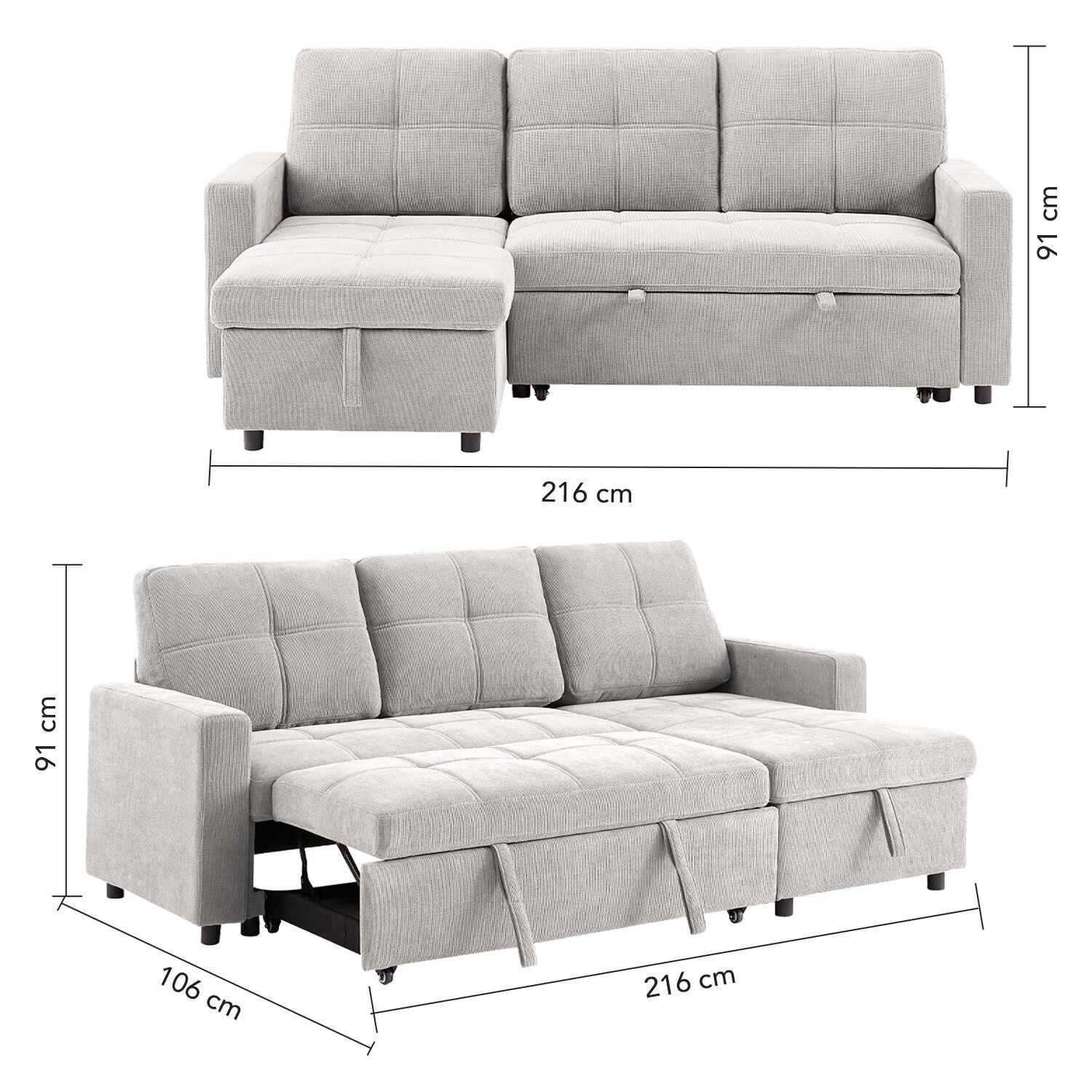 Sof&aacute; Cama 3 Cuerpos Beige 216x106x91cm Almacenaje image number 2.0