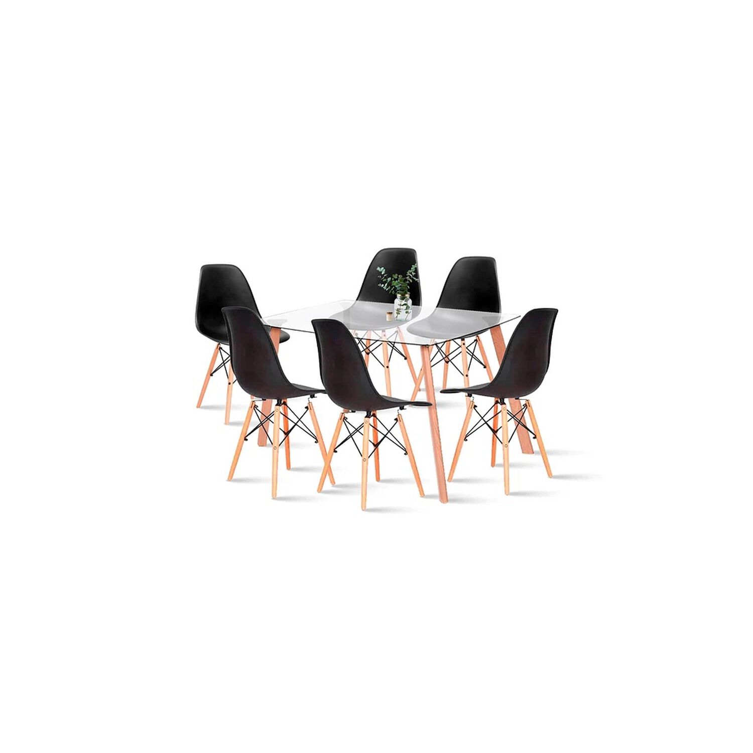 Comedor Mesa De Vidrio N&oacute;rdica 140x90 Cm + 6 Sillas Eames Negras image number 0.0