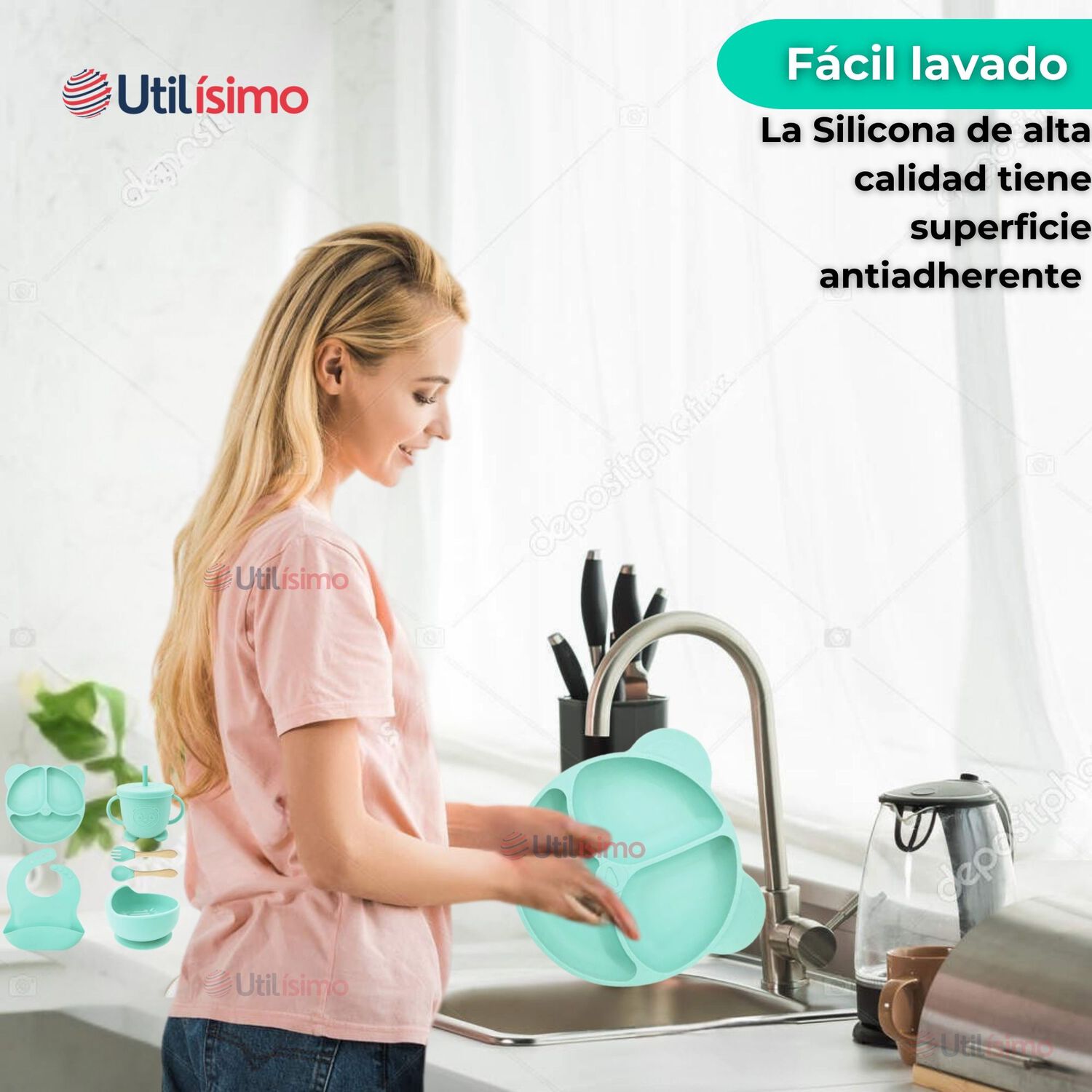 Set De Alimentaci&oacute;n Beb&eacute; Silicona De Oso 6 Piezas Libre Bpa Color Turquesa image number 8.0