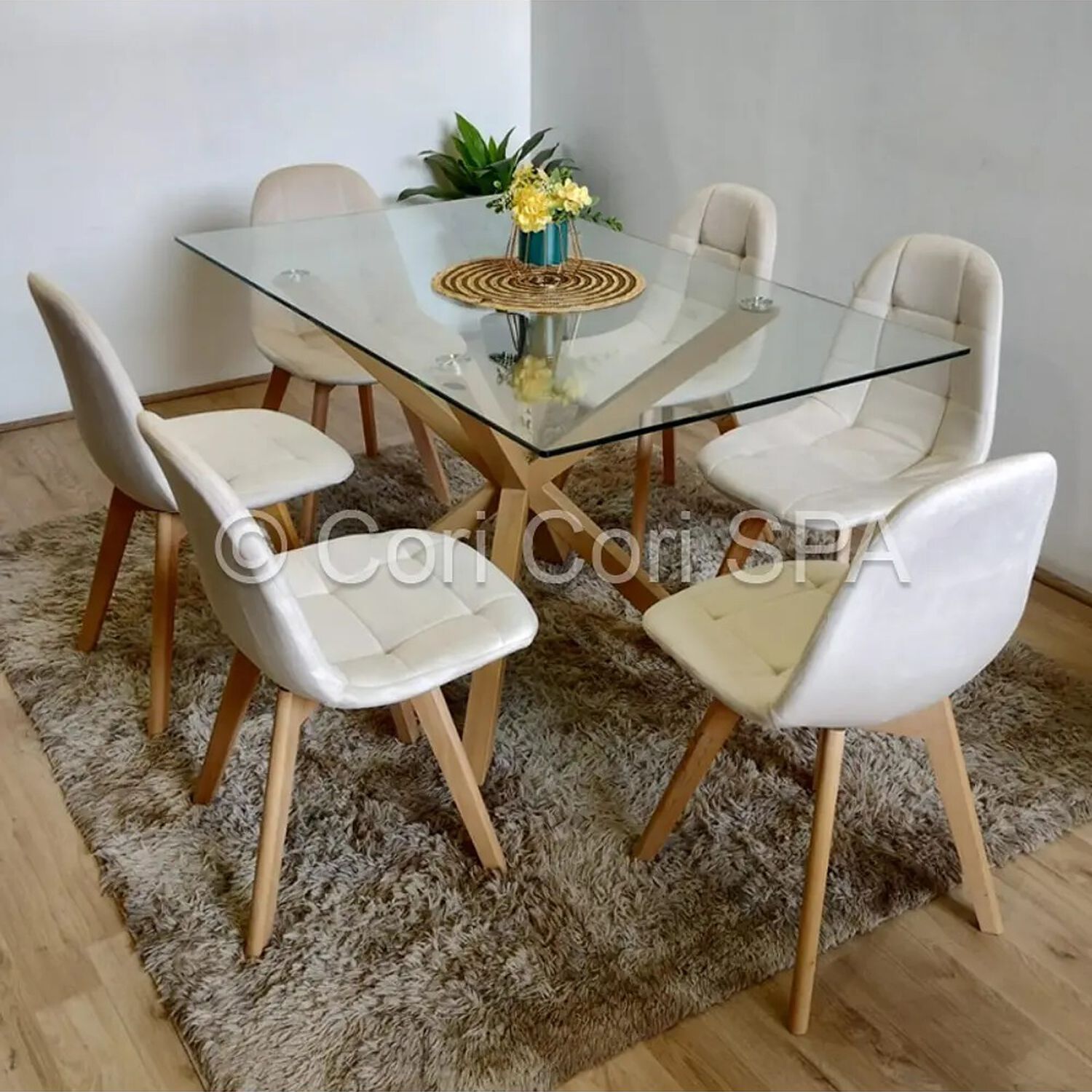 Juego De Comedor Madrid 140x80cms + 6 Sillas Capitonne Velvet Beige image number 0.0