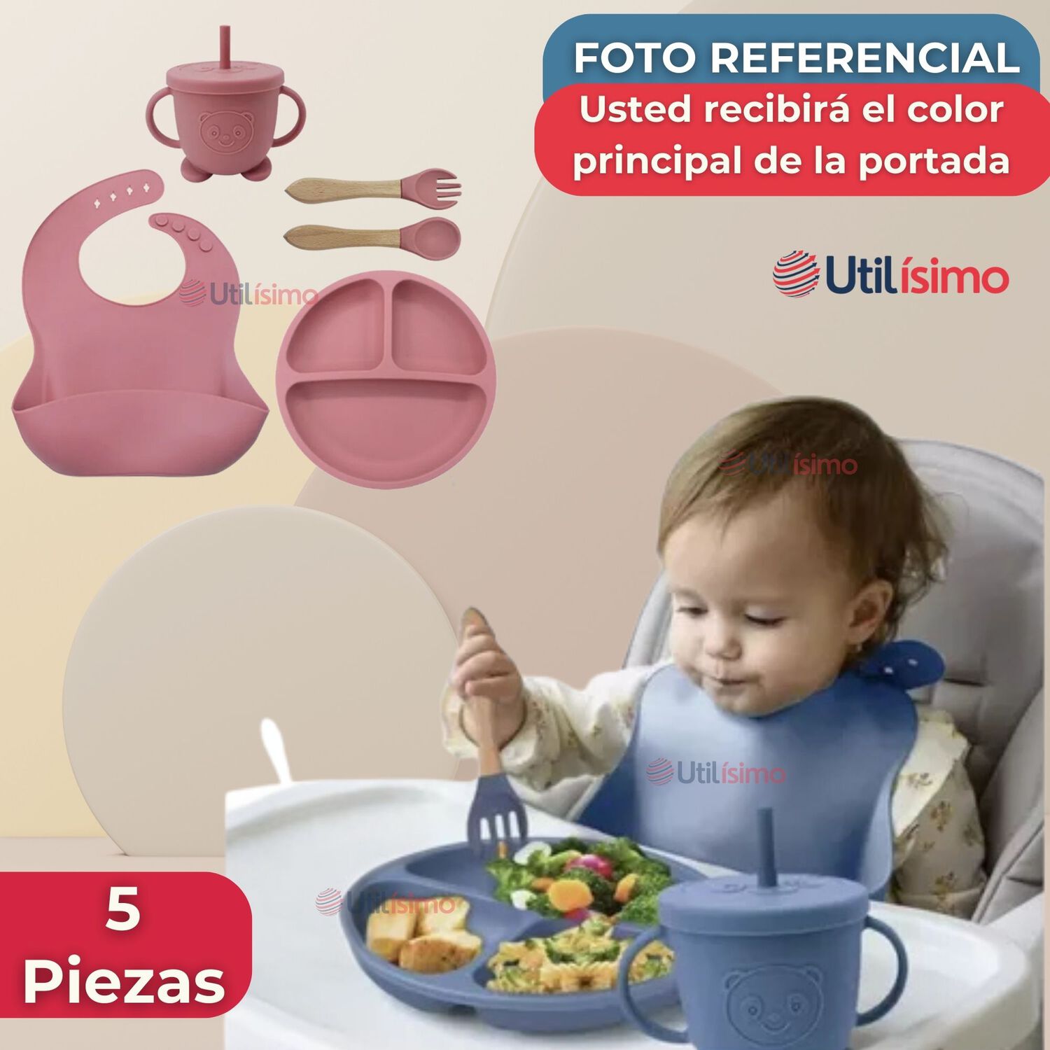 Set De Alimentaci&oacute;n Beb&eacute; Silicona Con Vaso 5 Piezas Libre Bpa Color Rosa Oscuro image number 5.0