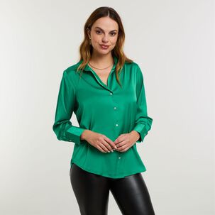 Blusa Lisa Satín Manga Larga Cuello Camisero Mujer Kimera