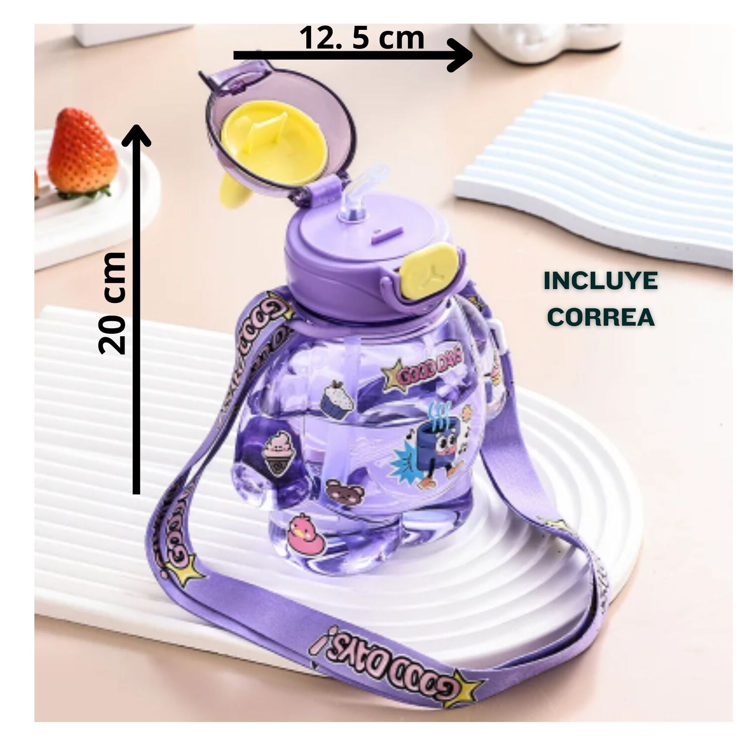 Botella Pl&aacute;stica 650ml Con Correa Y Orejitas Estilo Kawai Sin Bpa Ni&ntilde;os Purple image number 1.0