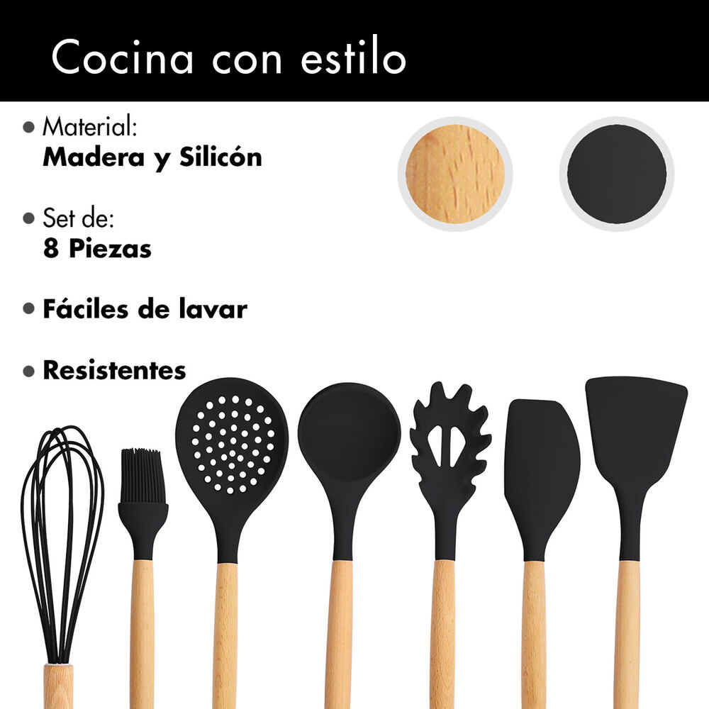 Set De Utensilios De Cocina Silicona Madera Negro image number 3.0