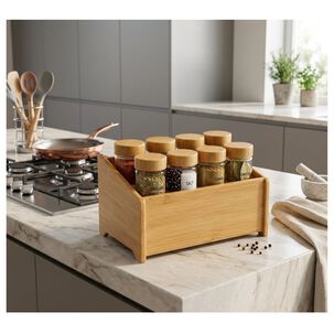 Organizador Especias Bamb&uacute; 8 Frascos Vidrio Tapa Bamb&uacute; Cocina