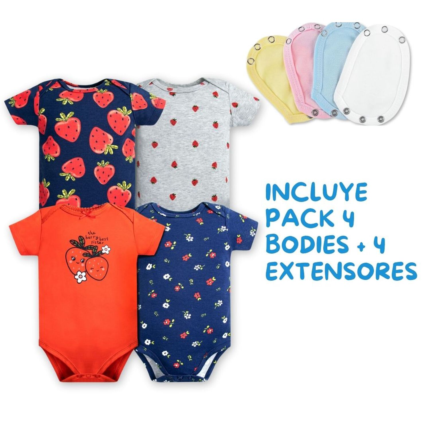 Pack 4 Unidades Extensor Body Beb&eacute; +pack 4 Bodys Algod&oacute;n Ni&ntilde;a Manga Corta Rojo Fresa image number 1.0
