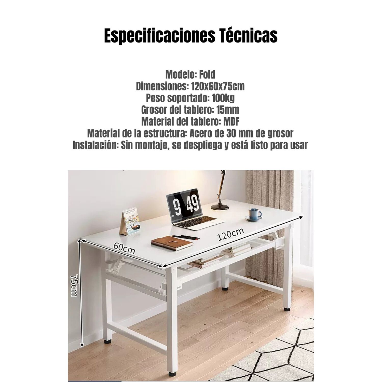 Escritorio Plegable Sin Necesidad De Ensamblado 120x60cm image number 7.0