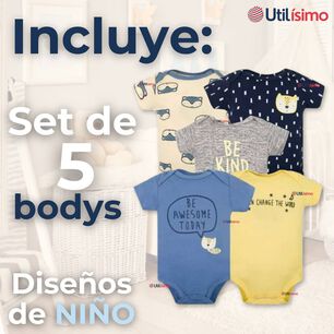 Pack 5 Bodys Ni&ntilde;o Manga Corta Tedmimak 100% Algod&oacute;n Baby Be Kind