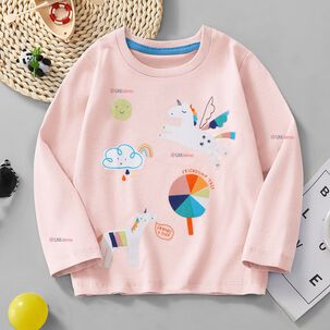 Polera Manga Larga Ni&ntilde;a 100% Algod&oacute;n Dinosauro Unicornio Rosado Camiseta