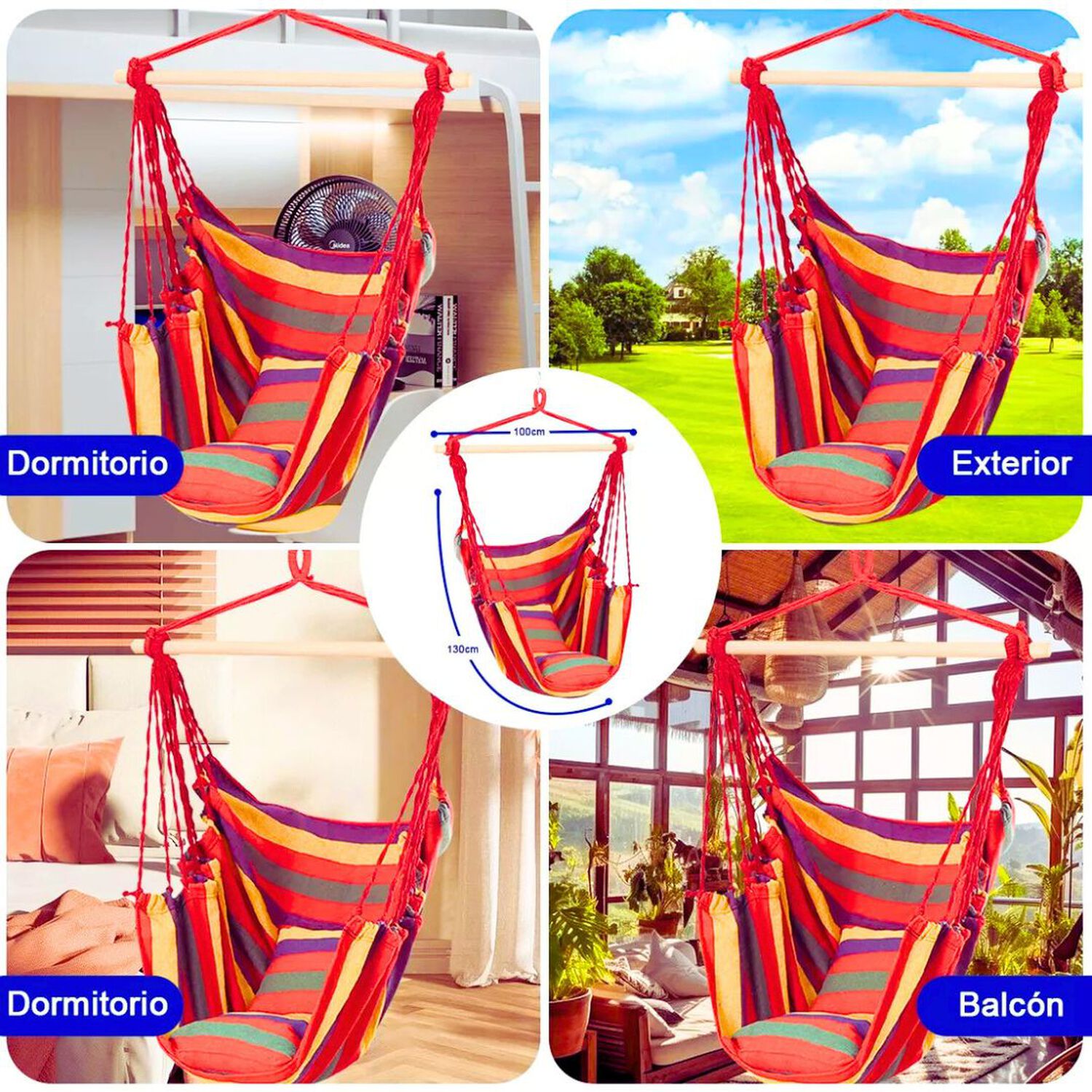 Silla Hamaca Colgante Columpio Con Dos Almohadas Para Jardin Rojo Arcoriris image number 1.0