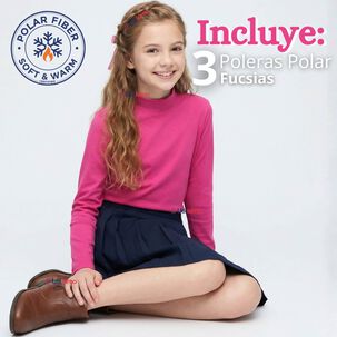 Pack 3 Poleras Camisetas Polar Fucsias Primera Capa Cuello Beatle Manga Larga Ni&ntilde;a