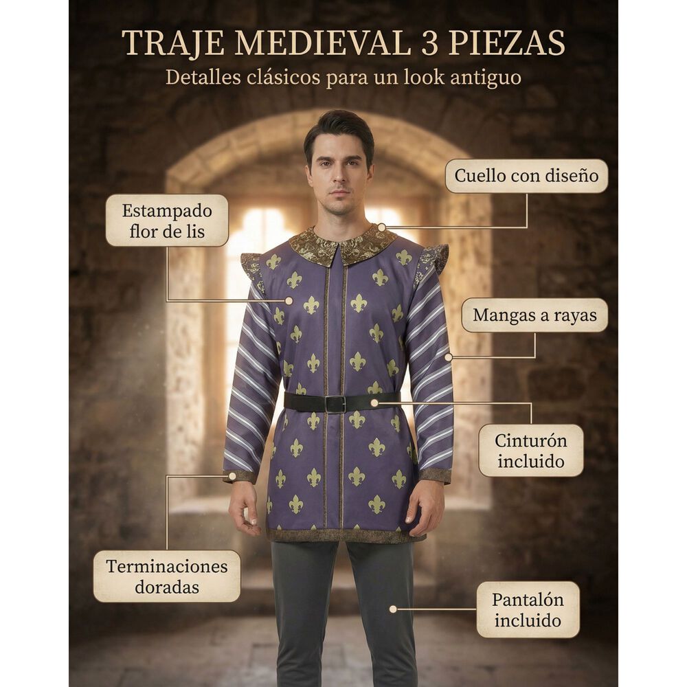 Disfraz Pr&iacute;ncipe Medieval Adulto Con T&uacute;nica, Pantal&oacute;n Y Cintur&oacute;n Cosplay Edad Media Halloween image number 2.0