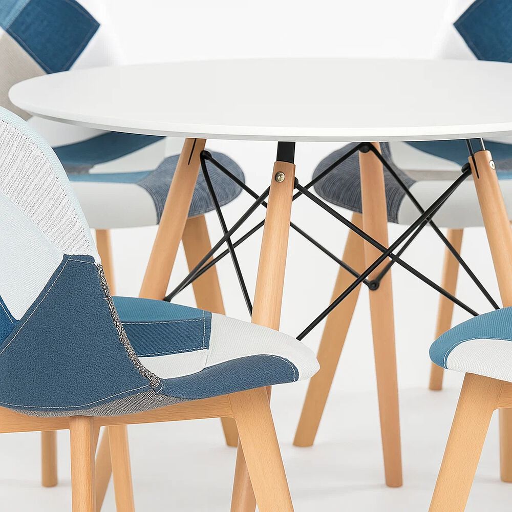 Comedor Mesa Redonda Blanca 100cm + 4 Sillas Eames Patchwork Tela Wood Celeste image number 7.0