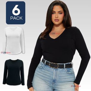 Pack 6 Camiseta Manga Larga Cuello V Bamb&uacute; Mujer Primera Capa Blanco Y Negro