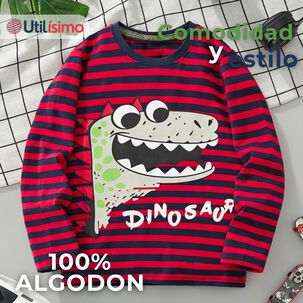 Polera Manga Larga Niño 100% Algodón Dinosaurio Rojo Camiseta