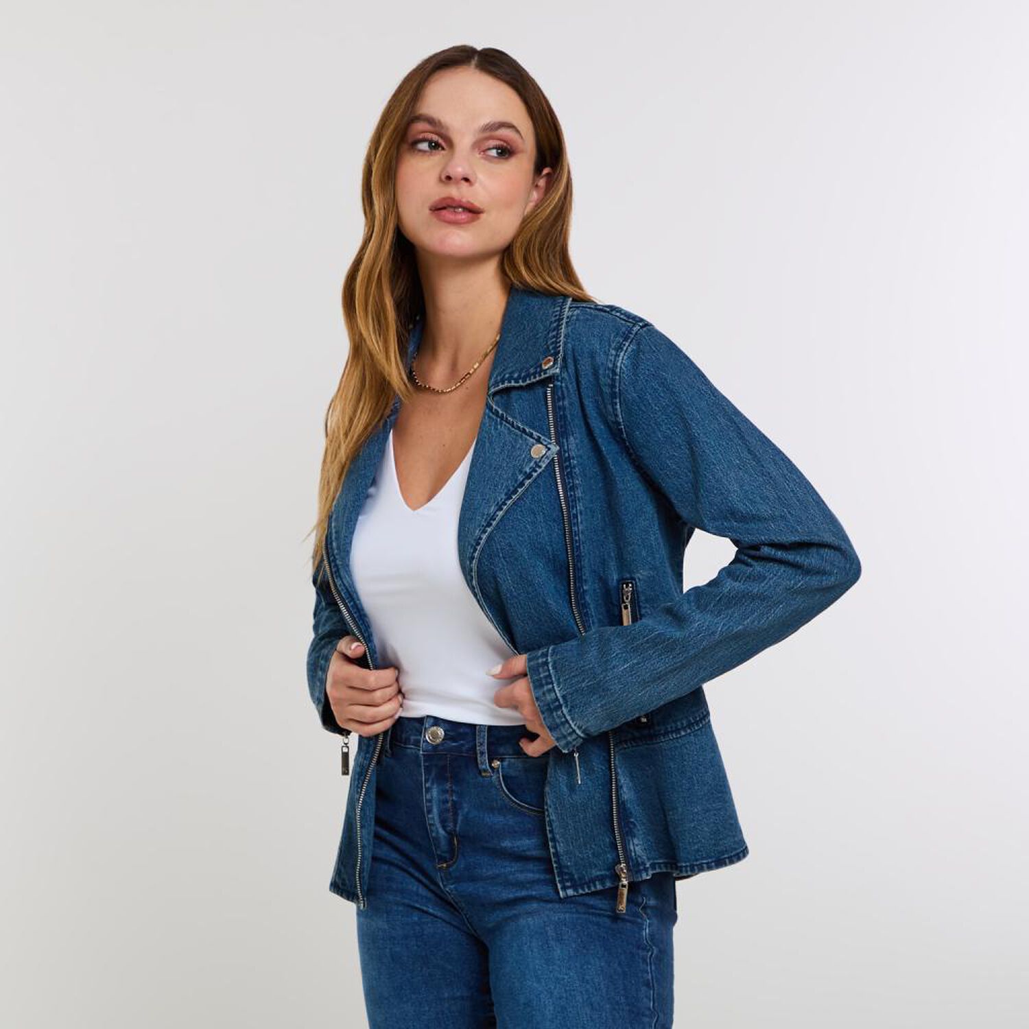 Chaqueta Denim Peplum Con Cierre Mujer Kimera image number 2.0