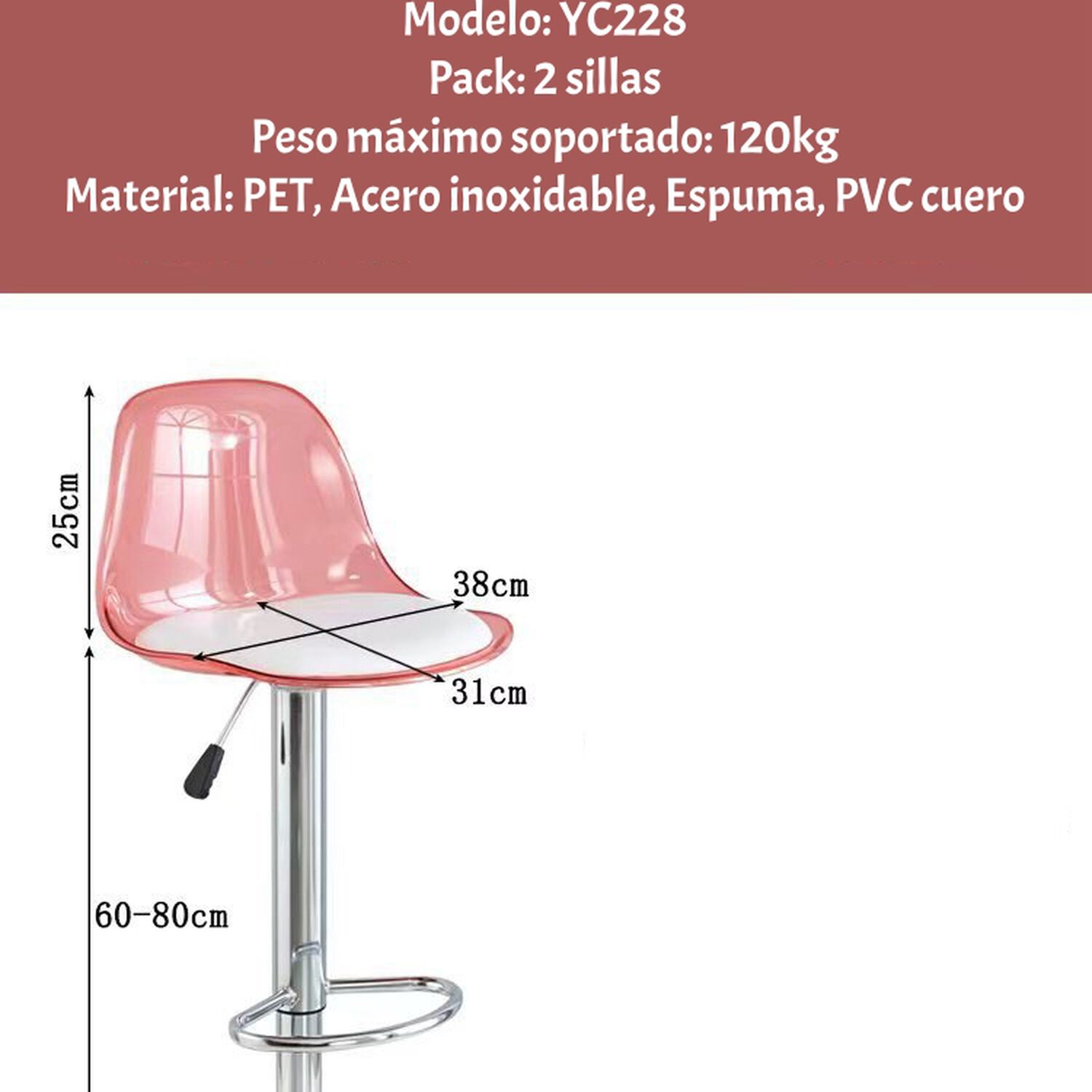 Pack 2 Sillas Piso Bar Blancas Altura Regulable Con Respaldo image number 7.0