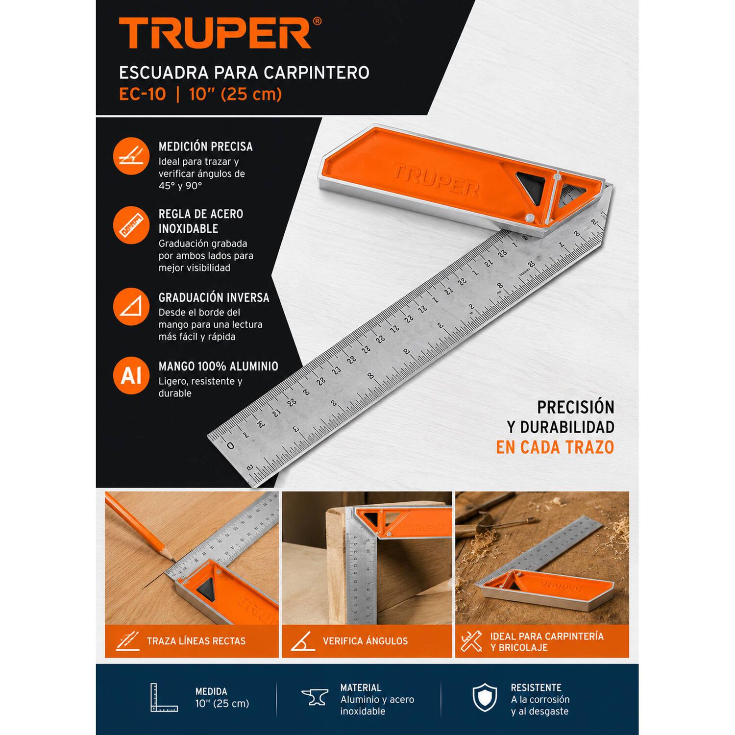 Escuadra De Carpintero 10 Pulg De Aluminio Truper Ec-10 image number 5.0