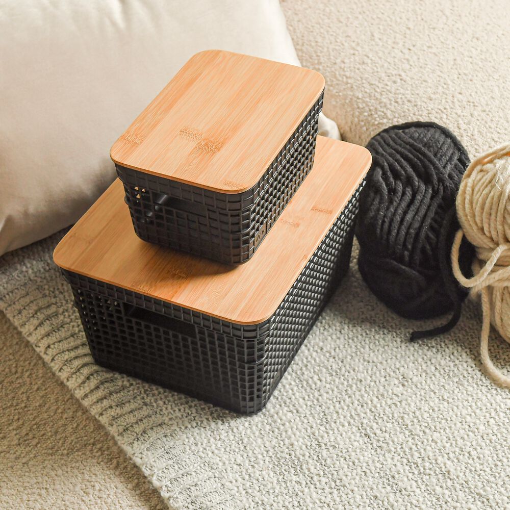 Cesta Organizadora Grid Con Tapa De Bambú 2.5 L Negro image number 1.0