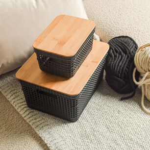 Cesta Organizadora Grid Con Tapa De Bamb&uacute; 2.5 L Negro