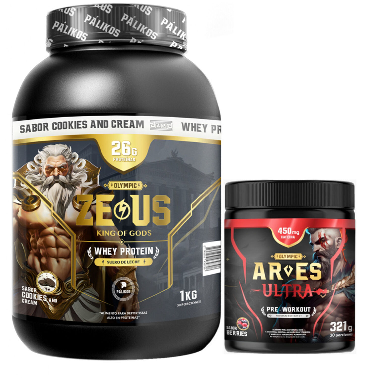 Proteina Zeus 1kg Cookies And Creams + Ares Ultra 450 Mg Cafeina. image number 0.0