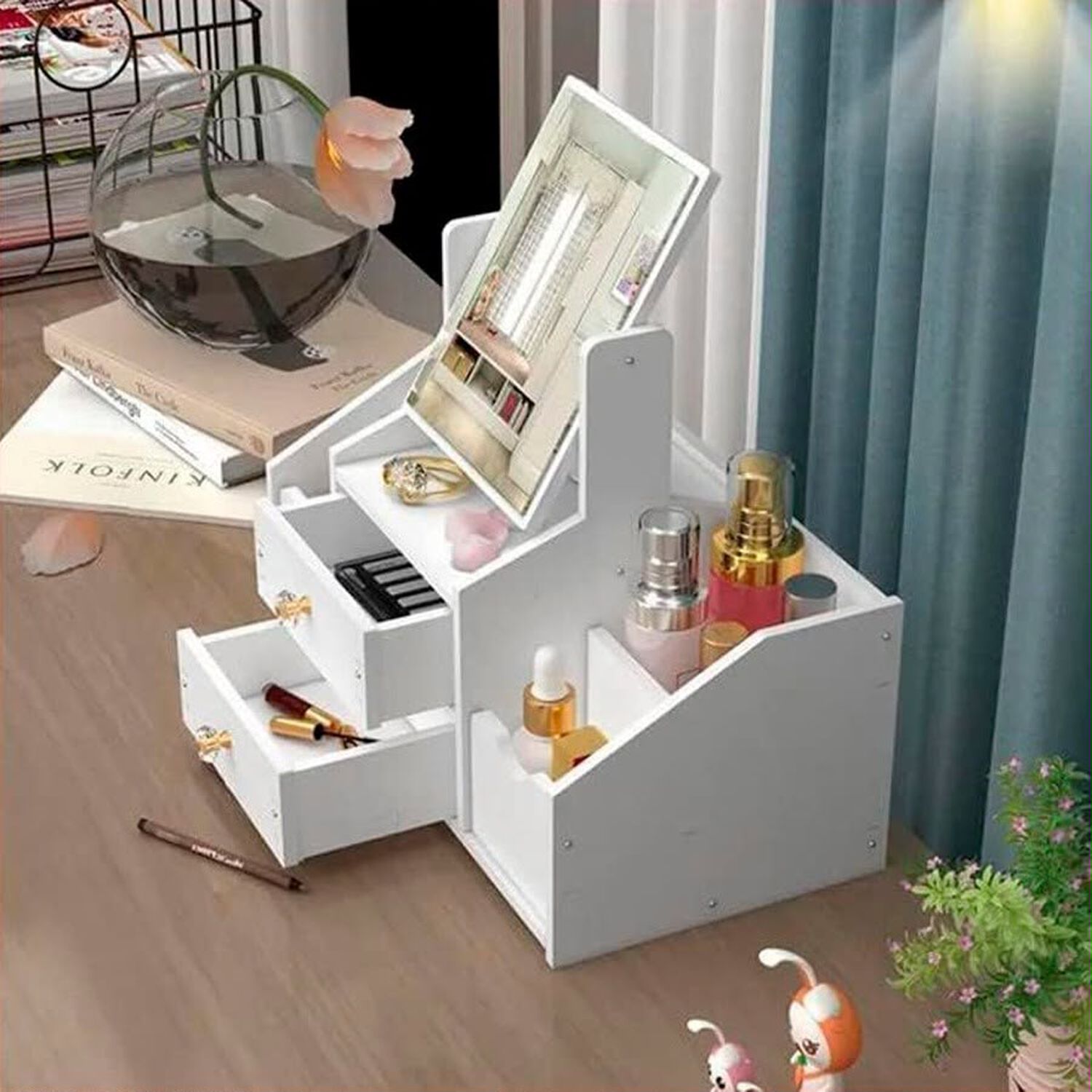 Organizador De Cosm&eacute;ticos Multifuncional Con Espejo 2 Cajones Rotaci&oacute;n 360 Blanco image number 4.0
