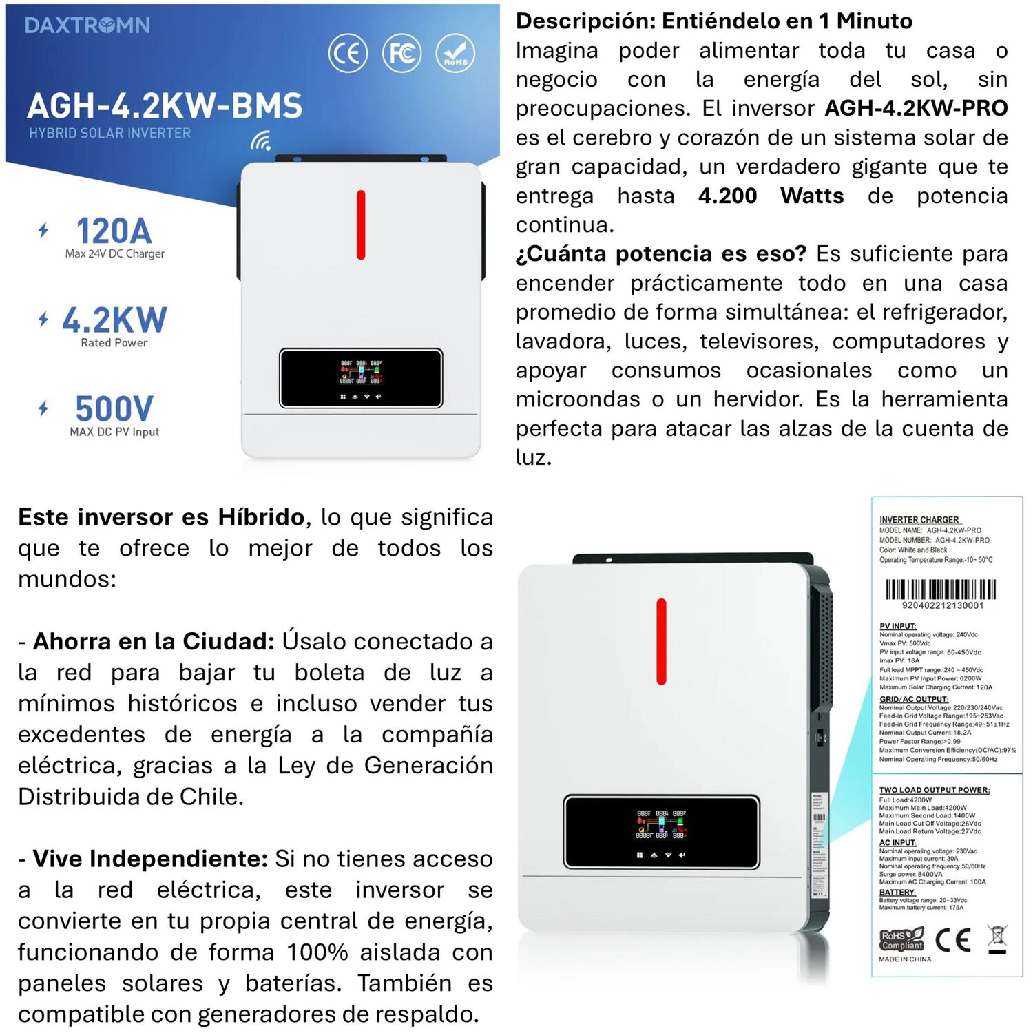 Inversor Solar Con Wifi H&iacute;brido De 4200w Y Potencia M&aacute;xima 8400w image number 1.0