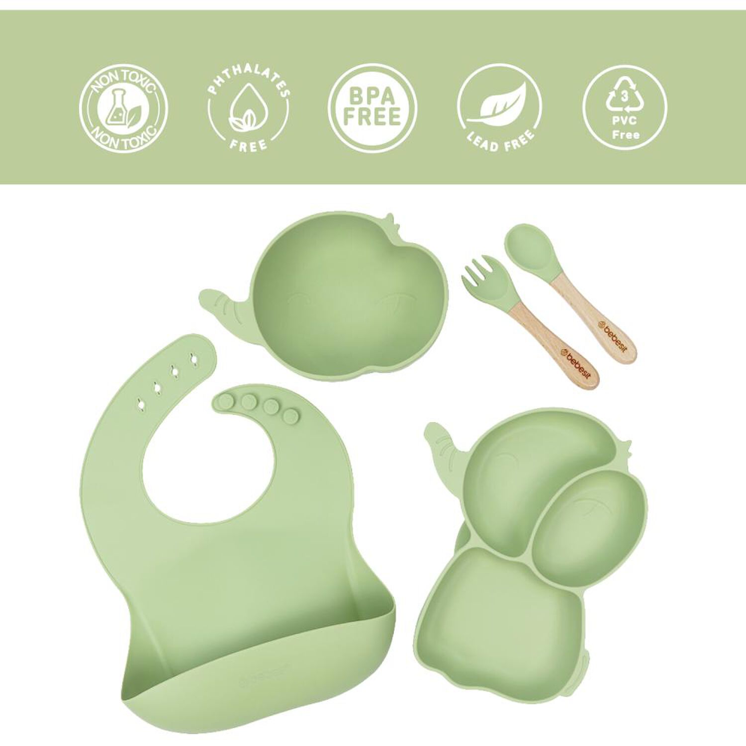 Set Alimentacion Bebesit Elefante Silicona Verde image number 5.0