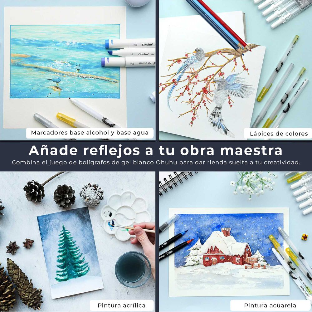 Ohuhu 12 Bol&iacute;grafos De Gel Dorados, Plateados Y Blancos image number 1.0