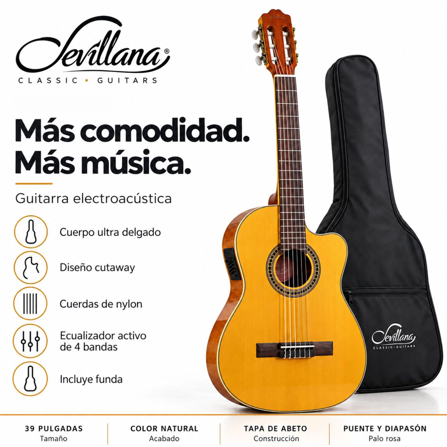 Guitarra Electroac&uacute;stica Sevillana Cutaway Ultra Delgada Natural Con Ecualizador Y Funda image number 5.0